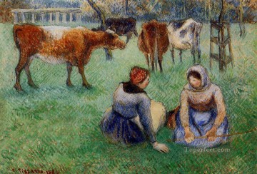  peasant art - seated peasants watching cows 1886 Camille Pissarro